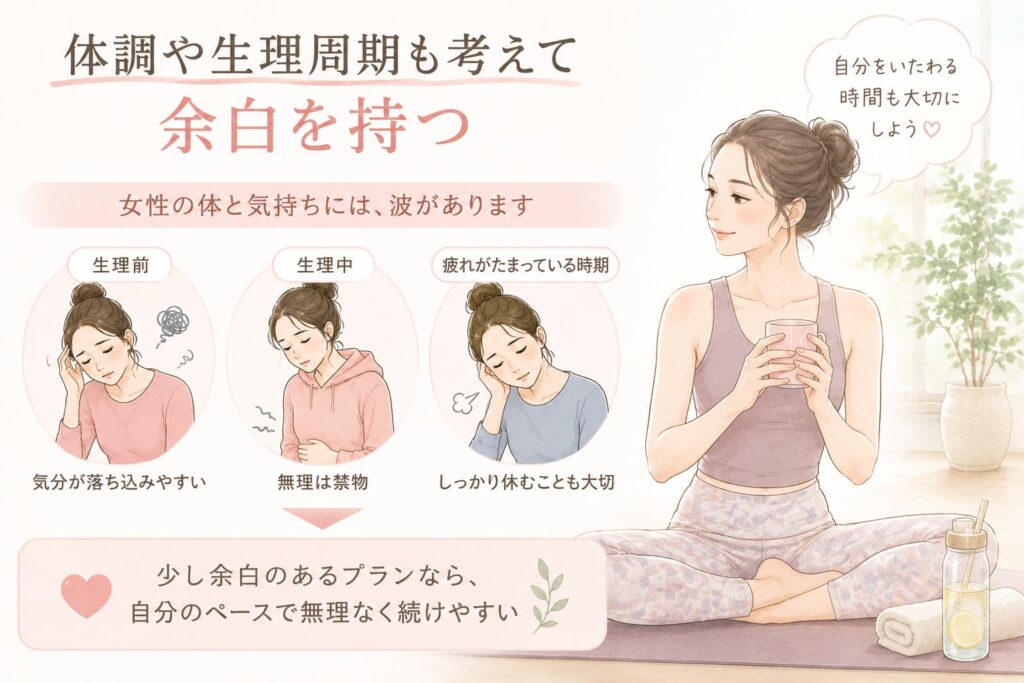 LAVAは体調や生理周期を考えて余白のあるプランを選ぶと、自分のペースで無理なく続けやすいことを伝える女性イラスト